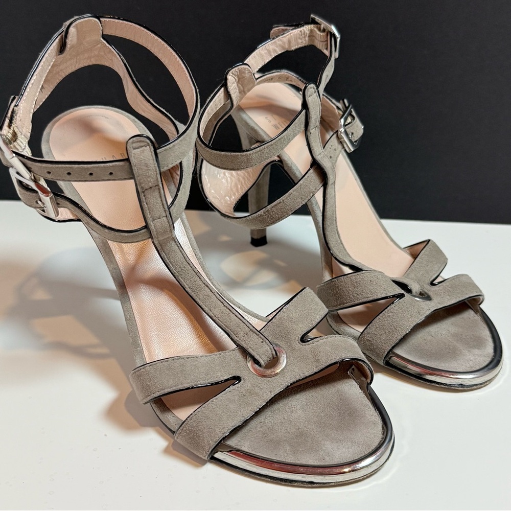 Stuart Weitzman Gray Strappy Heels with Silver Accent Size 7